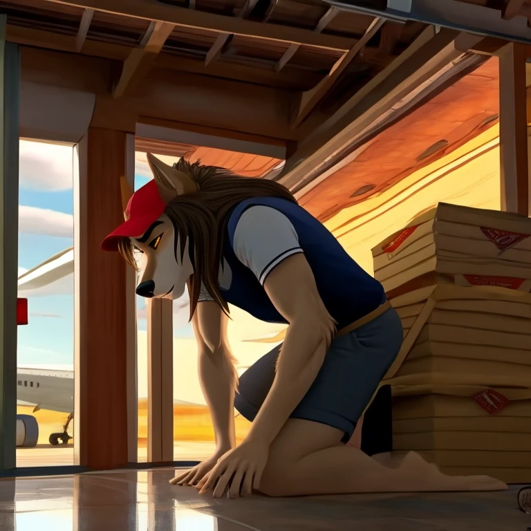 (masterpiece, best quality:1.2), anthropomorphic, furry, wolf, wearing a security vest, sniffling boxes, airport cargo room, all fours, sfw, no nsfw, long haired, security baseball cap 