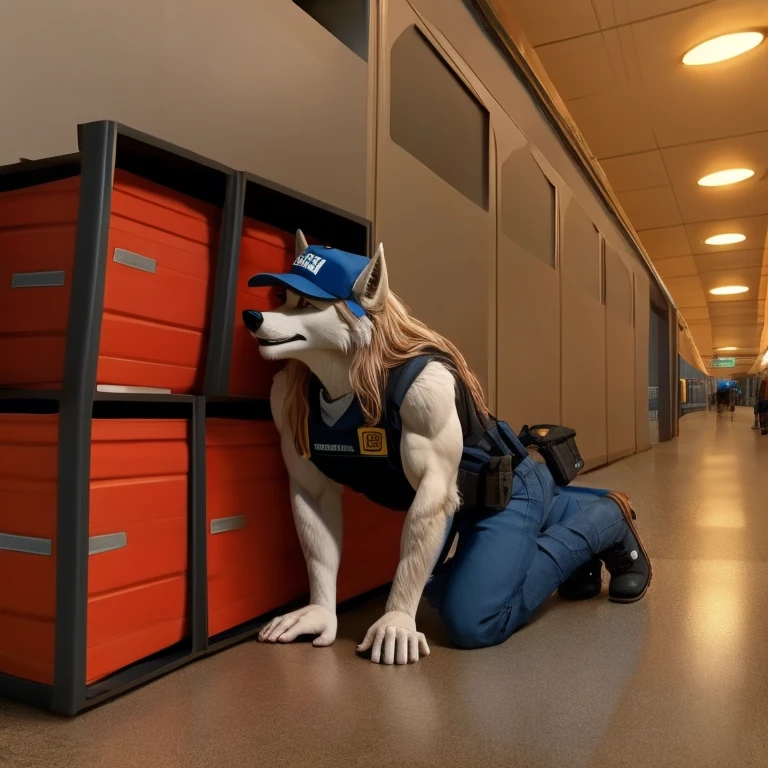 (masterpiece, best quality:1.2), anthropomorphic, furry, wolf, wearing a security vest, sniffling boxes, airport cargo room, all fours, sfw, no nsfw, long haired, security baseball cap 