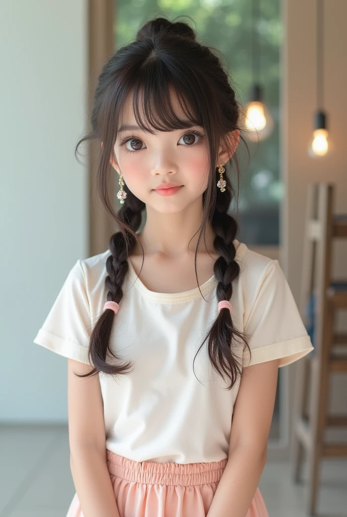18-year-old, adorable, British girl, 15 years old, portrait ,Tank top((mini skirt))、Thighs Thighs Nose:1.1), hair scrunchie, Beautiful ponytail , (high color saturation,catch light:1.0), (highly detailed skin), (highest quality:1.0), (Super high resolution:1.0) ,(photo-realistic:1.0), (super detailed:1.0), (8K, RAW photo:1.1),( smile:0.8),looking at the viewer