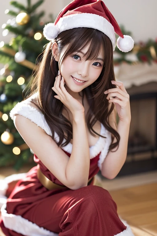 A Japanese model in a bright red Santa cosplay poses for a photo shoot、Bright red outfit、Santa Dress,  looking at camera、Detailed and beautiful eyes、 cute smile、 soft and gentle expression 、 Christmas tree in the background 