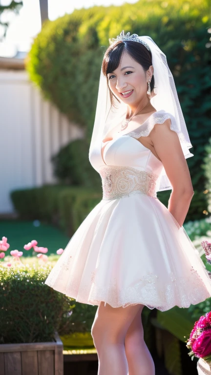 full body shot, from below,  japanese mature,  detailed face , smile, Facial wrinkles, Wrinkles around the eyes,  Detailed Skin Textures ,  white skin,  long hair, curvy body, saggy breasts,  plump thighs, (earrings,  necklace, ballerina, wedding dress, tiara, wedding veil, mini skirt:1.2), ( is wearing high heels:1.2), (Standing in the garden,  photograph the whole body from toe to head,:1.2), (surrealism, best quality, ultra detailed, absolutely resolution, 8k, anatomically correct), depth of field, looking at viewer, full body,  detailed face , (very short mini skirt wedding dress, Flared skirt), (misaki nakamura)