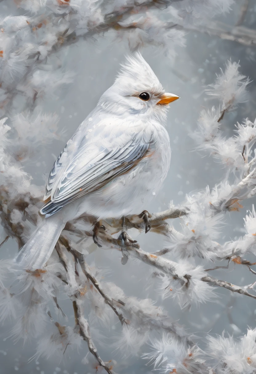  very fluffy cute bird in a white nest on a white tree branch,  silver-colored shimmering patterned snowflakes , White on white,  bulge, clay, Hay, nail, silk, brushstrokes , palette knife , white forest, white cute fluffy 