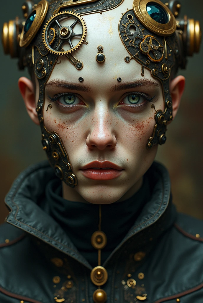 A dissected head with a clockwork brain, bloodied and moist