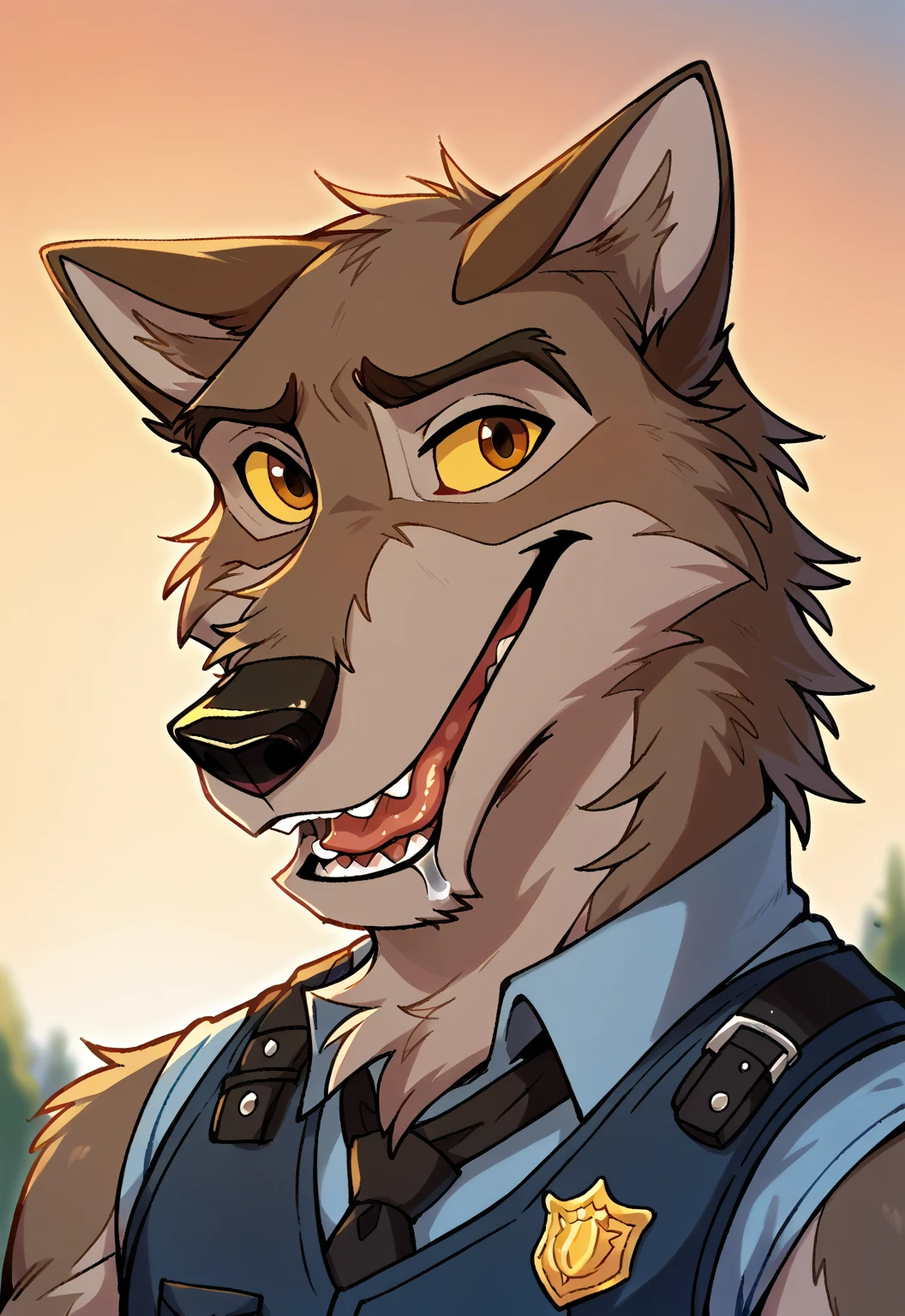 score_9, score_8_up, score_7_up, score_6_up, score_5_up, score_4_up, source_furry, hi res, sunset background, blurred background, upper body, solo, (Balto), wolf, wolf dog, yellow sclera, brown eyes, looking at viewer, anthro, male, Tongue, Smile, Open Mouth, drooling, police vest 