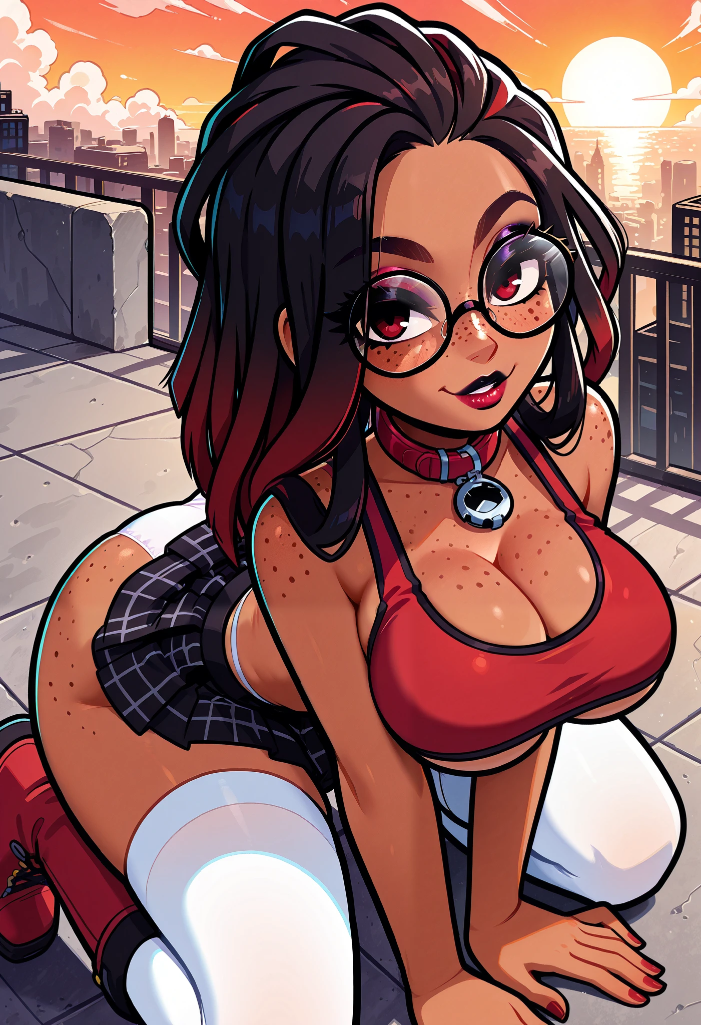 (masterpiece), 1girl, solo, best quality, expressive eyes, perfect face, newest, perfect anatomy, flawless face, dark skinned African female with long burgundy dreadlocks and glasses, multicolored hair, white knee high stockings, red collar, short tight red tank top with black trim, underboob, tight short pleated plaid red and black miniskirt, color saturation, makeup, lipstick, glossy lips, freckles, red boots, big breasts, big butt, looking at viewer, seductive expression, smiling, red and black ombre hair, two-tone hair, white panties, white panties in view, showing a white panty shot, on a rooftop, on all fours, crawling towards viewer, sunset, cleavage, legs apart, pov from above