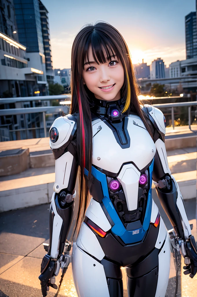 17-year-old girl、whole body、(Mechanical Suit)、cyborg、Illuminated mechanical parts、Dazzling parts、Dynamic Pose、Small breasts、(smile、Perfect white teeth)、bangs、Long Hair、(Shiny Hair、Multicolored Hair、Smooth Hair)、RAW Photos, (Highest quality、masterpiece、Realistic photo:1.2)、Dramatic lighting、Bright lighting、Vivid Color、Super detailed、Brown eyes、Destroyed cityscape、