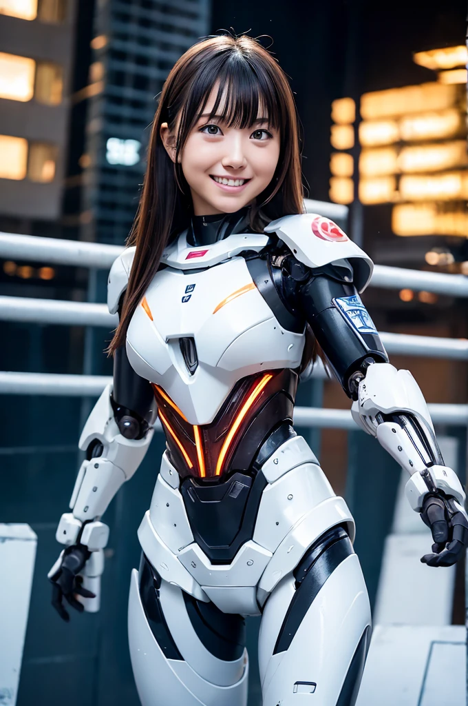 17-year-old girl、whole body、(Mechanical Suit)、cyborg、Illuminated mechanical parts、Dazzling parts、Dynamic Pose、Small breasts、(smile、Perfect white teeth)、bangs、Long Hair、(Shiny Hair、Multicolored Hair、Smooth Hair)、RAW Photos, (Highest quality、masterpiece、Realistic photo:1.2)、Dramatic lighting、Bright lighting、Vivid Color、Super detailed、Brown eyes、Destroyed cityscape、