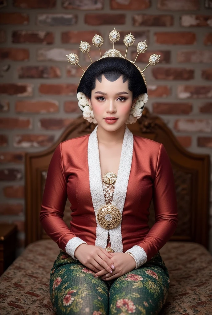  close-up picture . A Taiwanese woman with a white hijab . Traditional traditional Javanese traditional robe shirt red color . Leg Traditional Java batik sarong green .  silver , cuffs, collar,  with gold crown intricately carved .  straight arms in front of the camera Hand Holding in front of the camera. Elegant elegant aesthetic style . nice detail .  And nice . Pose Sitting on all fours on the mattress . pose hot.  with Expression mixed happy and excessive laughter. night time dim lights .  Simple room background. Brick wall background.  On a classic bed intricately carved . °mix4 , 20d,hyper-realistic:1.37),16K HD.  and her expression a mixture of shock and humor .  in a realistic style ,  but the scene has a funny comic effect and exaggeration adds to the humor of the situation.