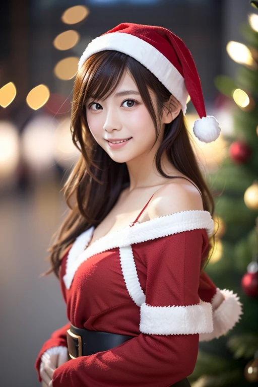 A Japanese model in a bright red Santa cosplay poses for a photo shoot、Bright red outfit、Santa Dress,  looking at camera、Detailed and beautiful eyes、 cute smile、 soft and gentle expression 、 Christmas tree in the background 