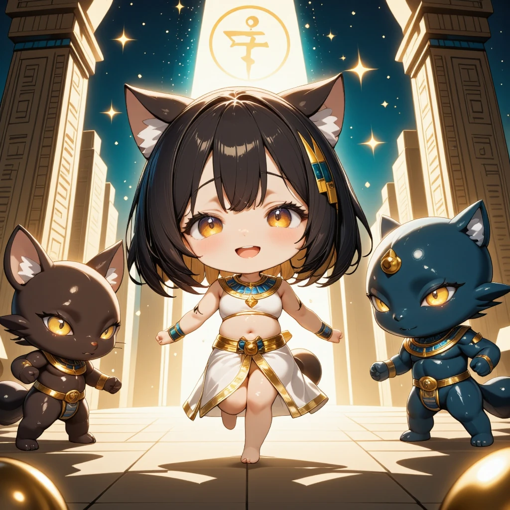 masterpiece, best quality, 8k resolution, ultra-detailed, vibrant colors, cute chibi Bastet girl dancing, tan skin, dark brown bob hair, cat ears, slender cat tail, sparkling gold eyes, white-gold Egyptian outfit, joyful expression.  Accompanying her are Anubis (standing to the left), Horus (standing to the right), playful poses. Background: ancient Egyptian mystic atmosphere, cosmic fantasy, glowing stars, celestial patterns, ethereal hieroglyphs, golden accents, teal and deep space blue hues. Pop-art style, vibrant colors, ultra-detailed, clean lines, anime illustration.