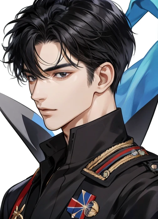 The Grand Duke of the North, 20 years old man, A man, short jet black hair, black eyes, black shirt, close up look.