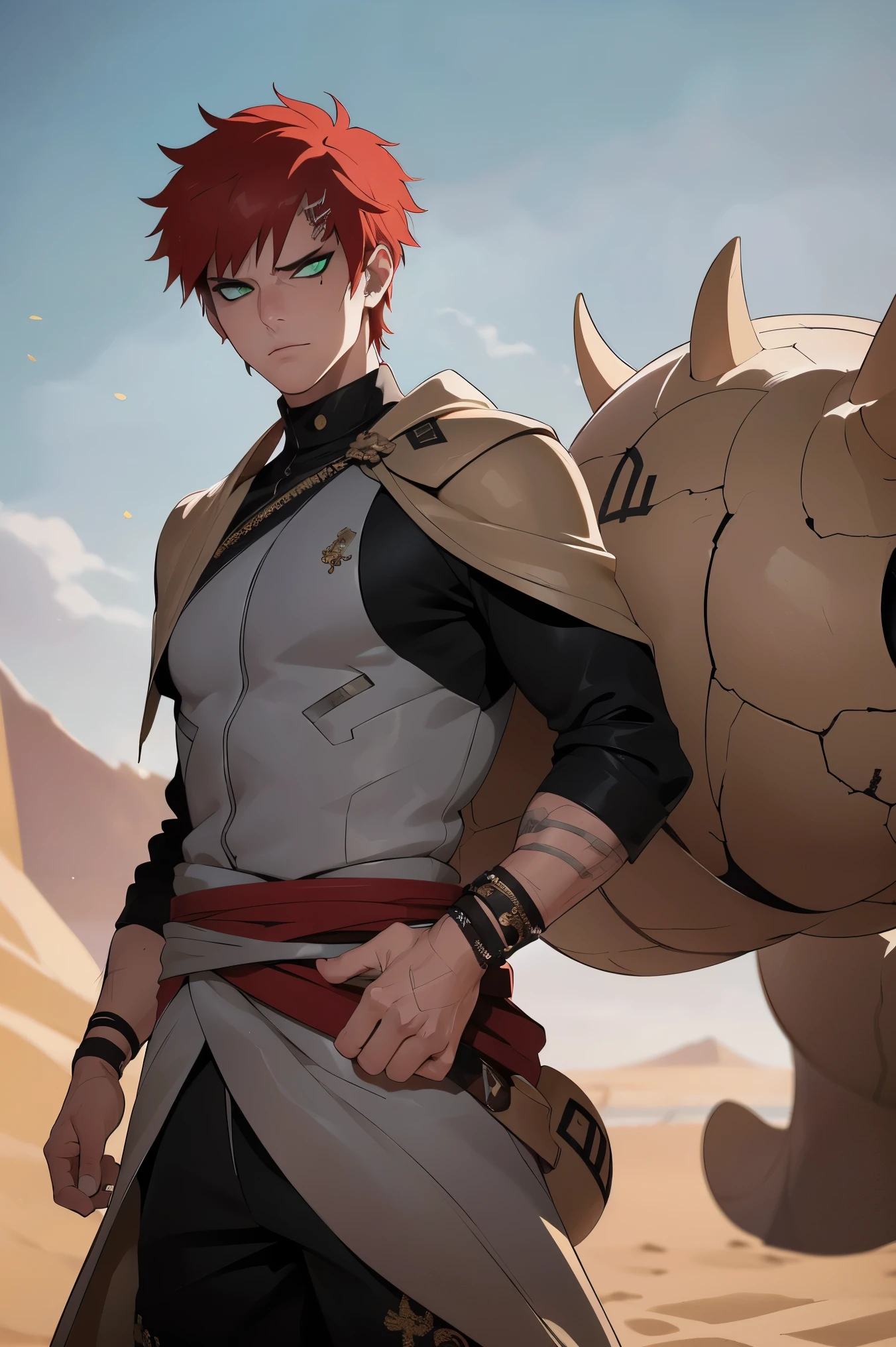 (Absurd, high quality, ultra -compared, careful with the hand)Imagine a young man standing tall and confident, his stature commanding attention. His short red hair is spiky and wild, each strand seemingly alive, reflecting the fiery spirit within him. The way his hair frames his sharp face accentuates his strong jawline and high cheekbones, giving him a fierce, captivating appearance.
His eyes are a striking shade of emerald green, reminiscent of the desert at twilight. They contain a mix of warmth and resolve, hinting at the wisdom inherited from his father, Gaara. When he looks at you, it's as if he can see right through to your intentions, an ability sharpened by years of training.
On his back, he carries a large, intricately designed sand gourd, weathered and worn from countless battles. The gourd is adorned with symbols representing his lineage, each marking telling a story of valor and power. The texture of the gourd is rough, a reminder of the struggles he faces as both a warrior and the son of a legendary figure.
Dressed in a fitted black tunic with sand-colored pants, he blends practicality with style, allowing for ease of movement in combat. His outfit is accented with a crimson sash that ties around his waist, symbolizing his connection to the village of Suna. On his forearms, he wears protective bandages, a testament to both the battles he’s fought and the resilience he possesses.
When he fights, he moves with grace and precision, summoning sand from his gourd with fluid gestures. He can manipulate it into sharp blades or defensive shields, showcasing both offensive and defensive capabilities. As he battles, you can see the determination etched on his face; he’s not just fighting for himself but also for the legacy he wishes to carve out in the shadow of his father.
Despite the fierce exterior, there's a flicker of vulnerability within him. He yearns to be recognized for who he truly is, to forge his own path while honoring the legacy of Gaara. He’s