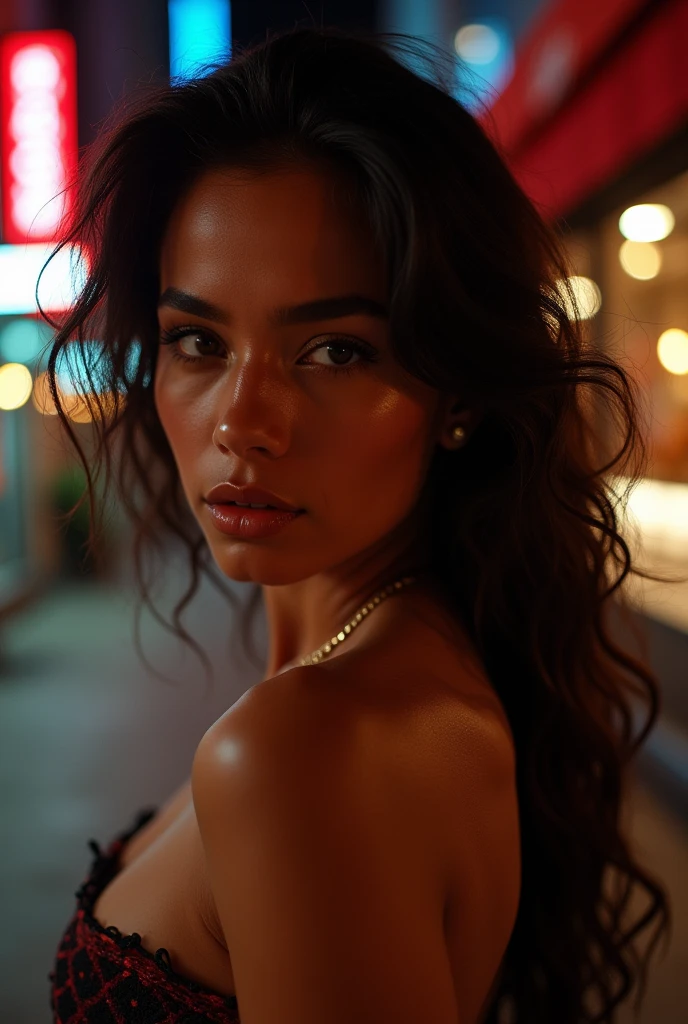 RAW, Best quality, high resolution, work: 1.3), Beautiful black woman (iu:0.8),8K, Masterpiece, RAW photo, Best quality, detail:1.2),Photorealistic, Extremely detailed Cg Unity 8K wallpapers, Depth of field, street light, Lens flare, Ray tracing, (Extremely beautiful face, Beautiful lips, Beautiful eyes), intricate detail face, ((ultra detailed skin)) 1 girl In a dark street, deepshadow, Pretty malay girl,(Very slim and slender muscular body:1.3), ((view the viewer)),(Big smile), big breast, (bodycon minidress),(red dress), (Injection sleeve) , (City Night, (street light), (Night), Pretty malay girl, red heels Earrings, bangle, necklace, Pantyhose, Clear eyes, Walking , (brown skin), Face forward, (Big eyes), ((full body shots)), tightly dress, Silk red dress , Turn Back, Back shot, Very slim, slander