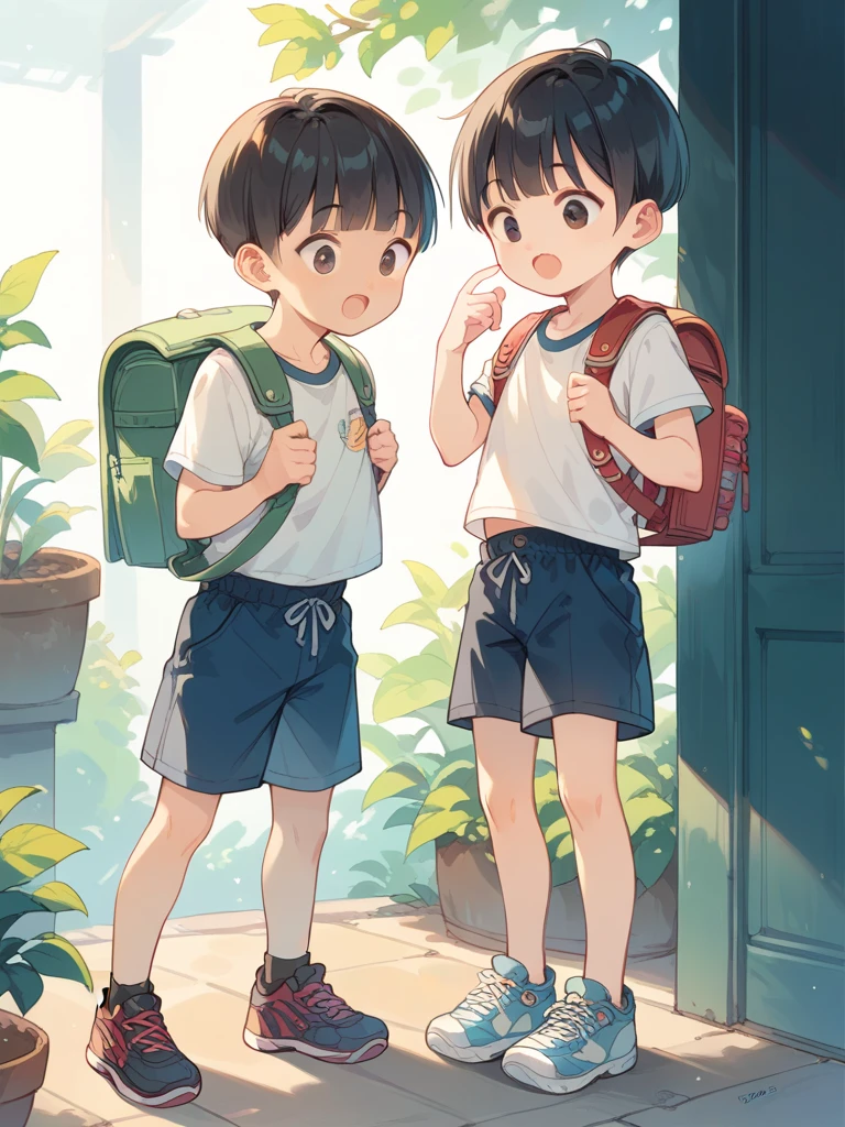 Asian, ******* (boy), bowl cut, very short hairstyle, black hair, straight hair, happy, surprised, slim, dark eyes, posing cutely with bare lower body and full body exposed with small uncircumcised penis, wearing backpack