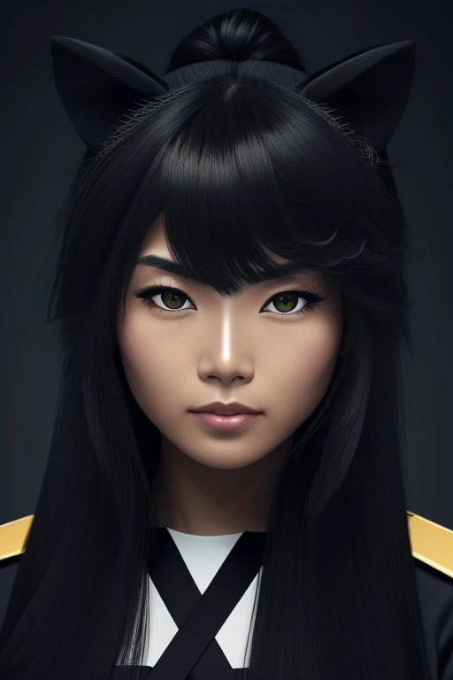 most very jet black hair,most very long hair,most very lion hair,most very wolf hair,most very frizzy hair,coarse hair,most very spread hairstyle,thick hair,fluffy hair,most very heavy weight hair,heavy looking hairstyle,most very voluminous hair,shiny jet black hair,woman's hair is covering all right eye,1 Japanese woman,female jail officer,black uniform,a heavy-looking uniform,black pants,tall woman,woman's height 2.5m,most very strong face,most very angry face,black eyes,very close-up to face,most very muscle body,most very beautiful face,show more hair,high resolution,green background