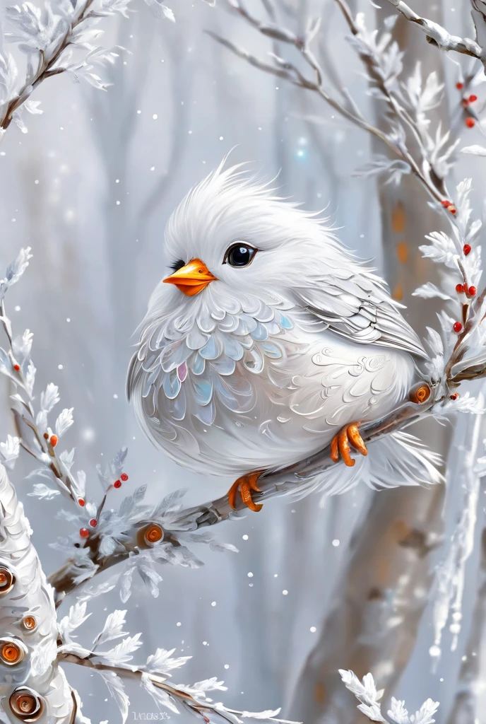  very fluffy cute bird in a white nest on a white tree branch,  silver-colored shimmering patterned snowflakes , White on white,  bulge, clay, Hay, nail, silk, brushstrokes , palette knife , white forest, white cute fluffy 