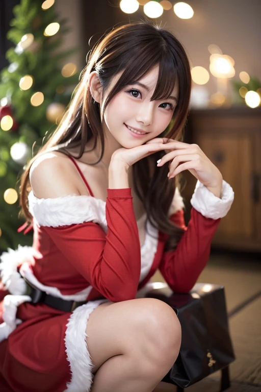 A Japanese model in a bright red Santa cosplay poses for a photo shoot、Bright red outfit、Santa Dress,  looking at camera、Detailed and beautiful eyes、 cute smile、 soft and gentle expression 、 Christmas tree in the background 