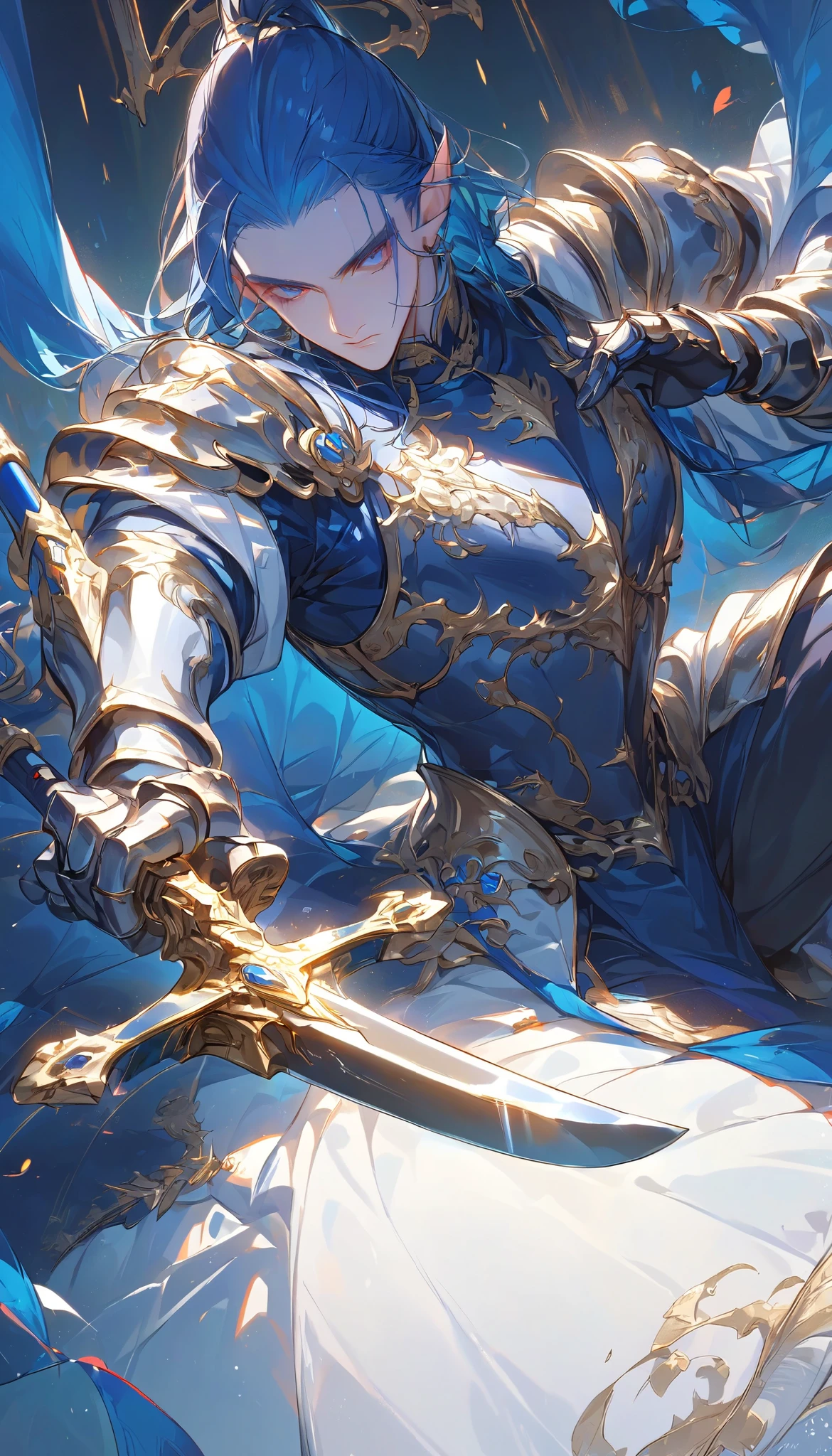 (((Best quality, 8k, Masterpiece: 1.3)), ((best quality)), ((masterpiece)), (detailed), perfect face, perfect body, (detailed skin:1.3), (intricate details), blue hair, hair slicked back, Knight, royal guard, shiny sword, metal armor, gauntlets, elaborate armor, detailed armor, male, holding a sword, the blade to thrust the sword into his opponent, elf, pointed ears, dark knight