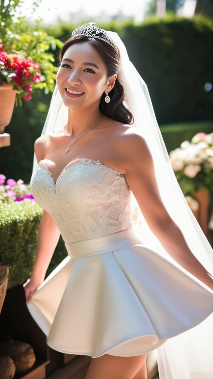 full body shot, from below,  japanese mature,  detailed face , smile, Facial wrinkles, Wrinkles around the eyes,  Detailed Skin Textures ,  white skin,  long hair, curvy body, saggy breasts,  plump thighs, (earrings,  necklace, ballerina, wedding dress, tiara, wedding veil, mini skirt:1.2), ( is wearing high heels:1.2), (Standing in the garden,  photograph the whole body from toe to head,:1.2), (surrealism, best quality, ultra detailed, absolutely resolution, 8k, anatomically correct), depth of field, looking at viewer, full body,  detailed face , (very short mini skirt wedding dress, Flared skirt)