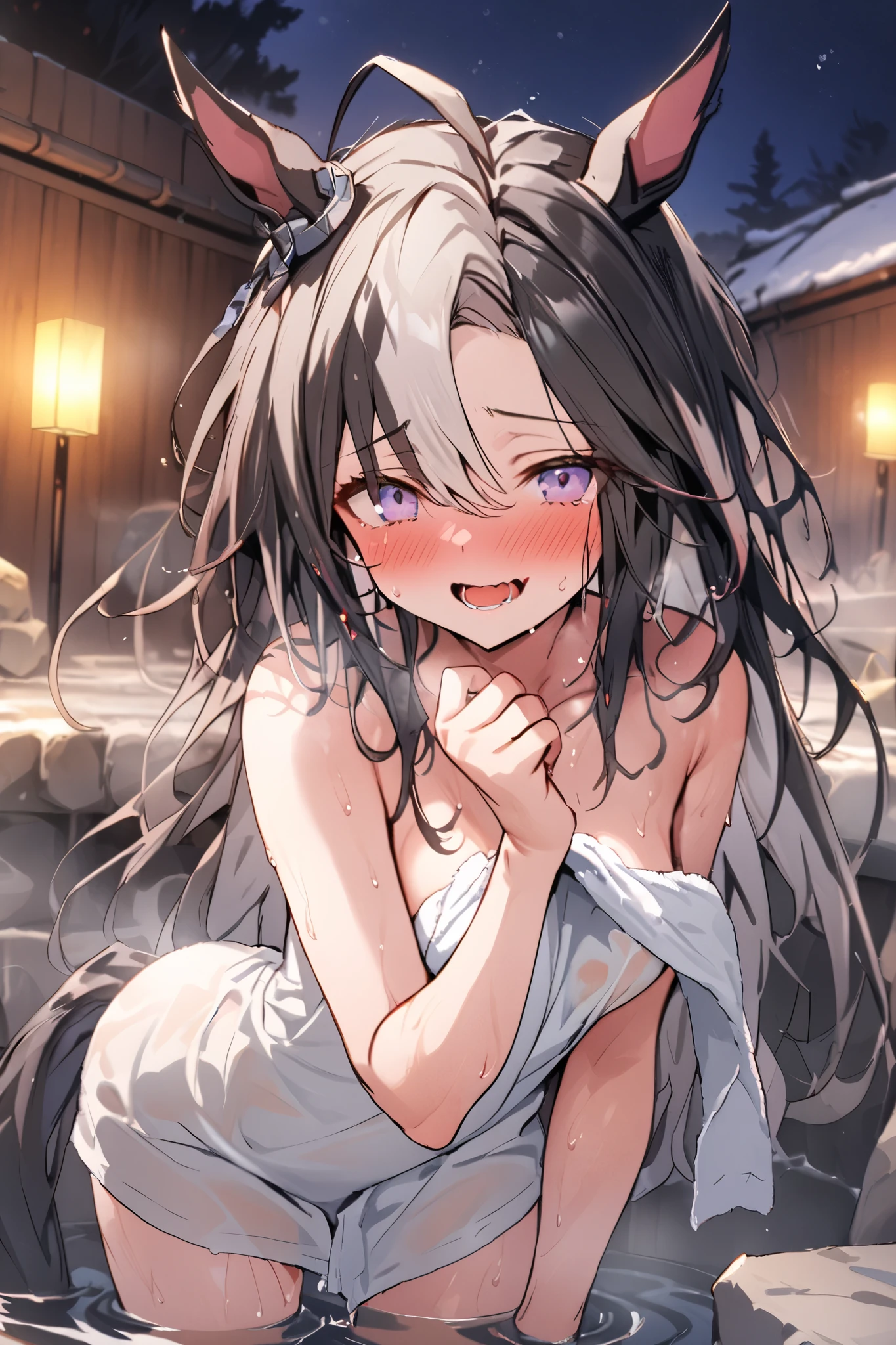 Hiiragitsumugi, Lavender Grey hair, long voluminous hair, brownish yellow eyes,11years old , , empty eyes , large breasts, nipple, Running, , Heavy snowfall area　frozen wet crying mountain Alone, Smile Naked, solo, 1girl, , Peeing, lactation, projectile lactation