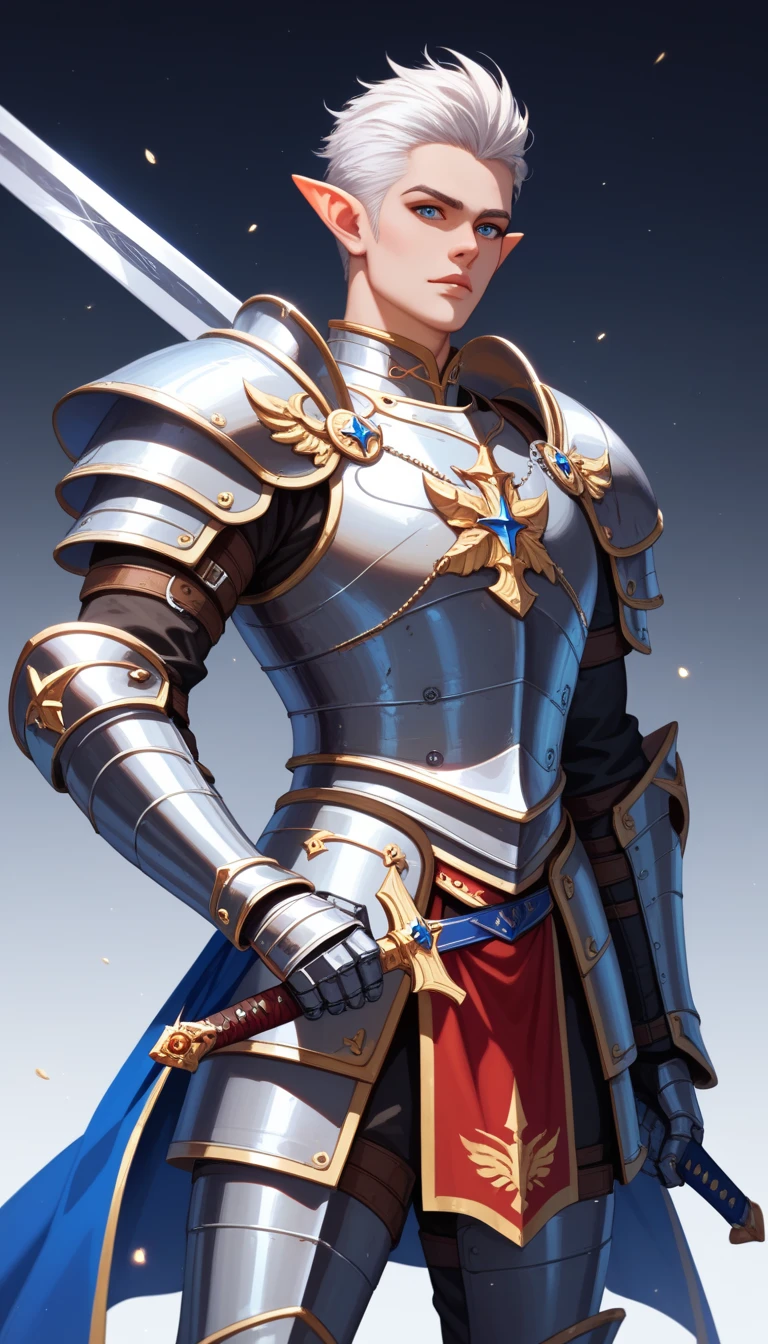 (((Best quality, 8k, Masterpiece: 1.3)), ((best quality)), ((masterpiece)), (detailed), perfect face, perfect body, (detailed skin:1.3), (intricate details), white hair, hair slicked back, long hair, Knight, royal guard, shiny sword, metal armor, gauntlets, elaborate armor, detailed armor, male, holding a sword, the blade to thrust the sword into his opponent, elf, pointed ears, dark knight