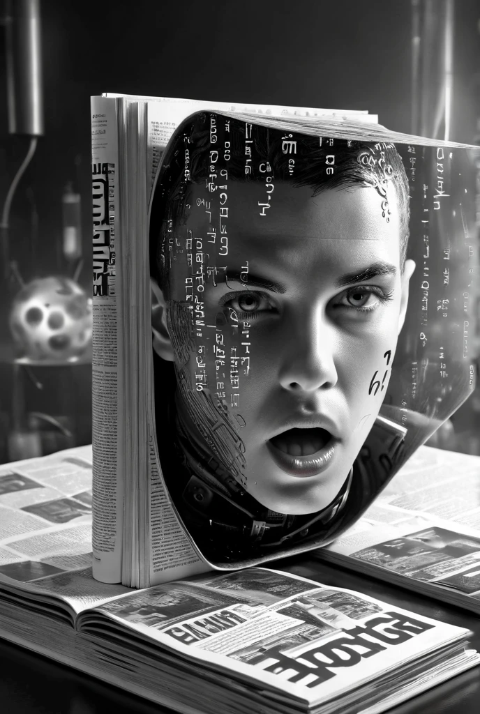  A book with a futuristic face and a futuristic mind,Photography, macro photography, a 3D figure of a person standing on the cover of a glass newspaper magazine with a stream of words pouring out of his mouth, black and white newspaper text in flat letters, depth of field, single-lens reflex camera, intricate details, studio lighting, 8k, high definition, a futuristic science fiction magazine, a screen magazine, Cyberpunk Art, 3D book art, background: a table in a futuristic science fiction world.