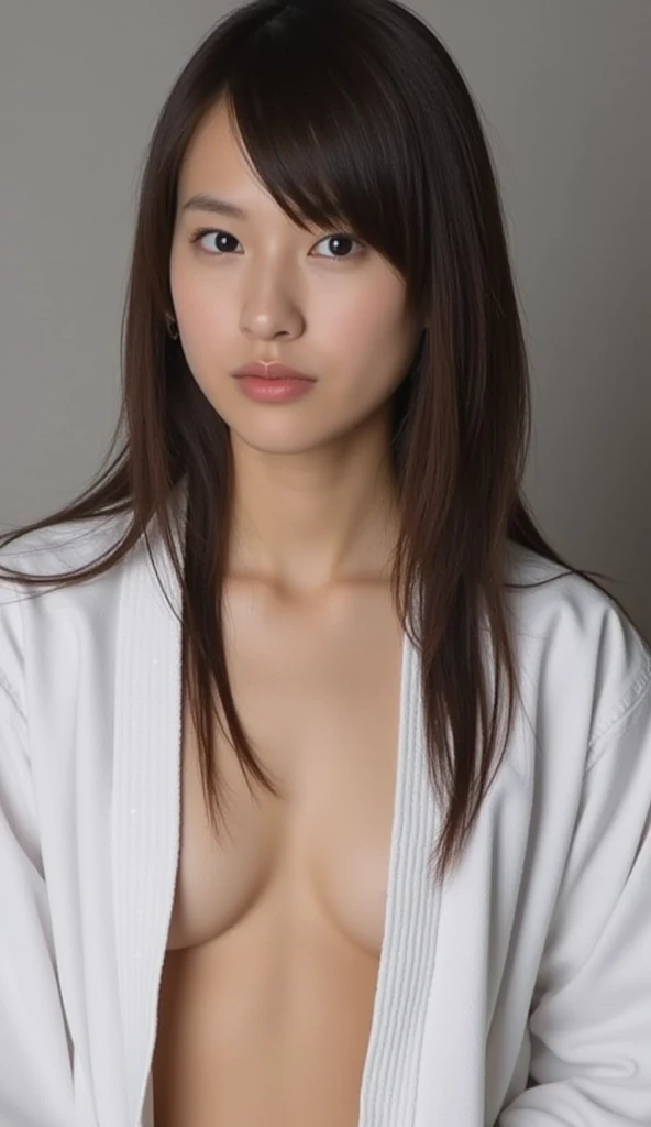 (( top quality, 8k)),  ((Big Breasts: 1.2)), (loose open shirt with wet chest: 1.1), ( nudes: 1.2), Close face: 1.5,  highly detailed facial and skin textures,   beautiful eyes ,  double eyelids in judo uniforms, Camera orientation