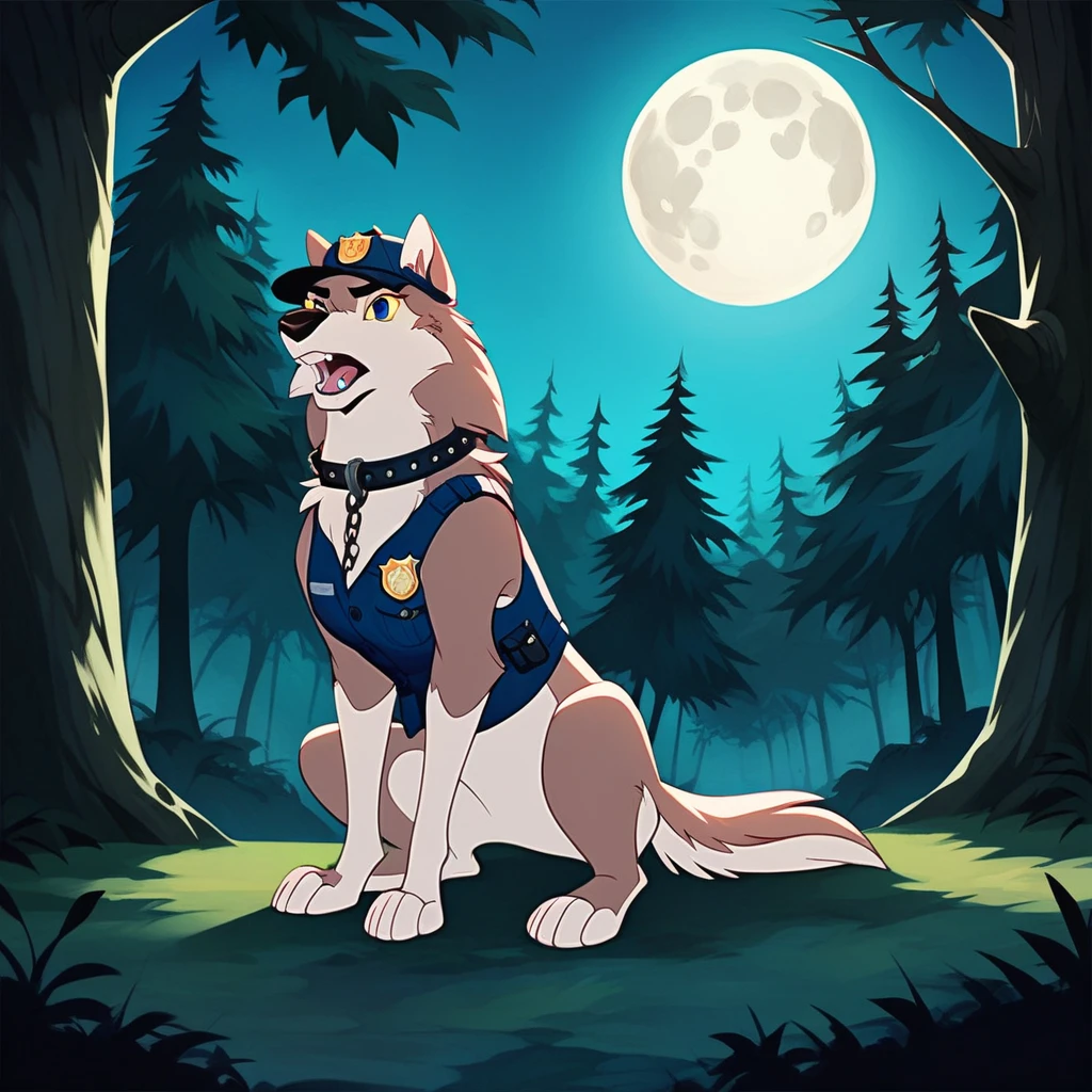 score_9, score_8_up, score_7_up, score_6_up, score_5_up, score_4_up,  aleu, blue eyes, solo, open mouth, full body, outdoors, no humans, night, fangs, dog, animal focus, white fur, 1girl, wolf, animal, body fur, two tone fur, yellow sclera, sitting, trees, moon, forest, police dog vest, chain collar, badge, police baseball cap 