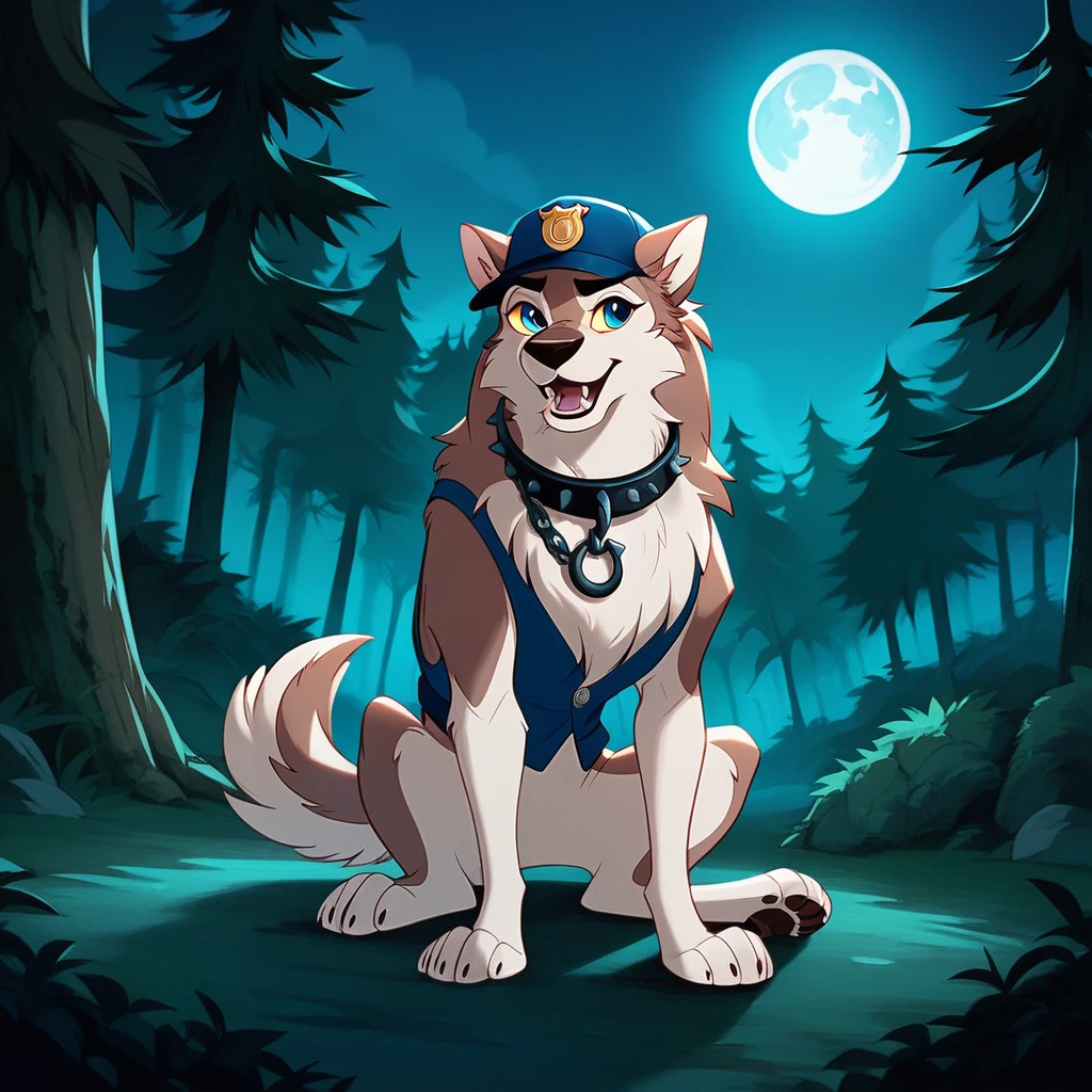 score_9, score_8_up, score_7_up, score_6_up, score_5_up, score_4_up,  aleu, blue eyes, solo, open mouth, full body, outdoors, no humans, night, fangs, dog, animal focus, white fur, 1girl, wolf, animal, body fur, two tone fur, yellow sclera, sitting, trees, moon, forest, police dog vest, chain collar, badge, police baseball cap 