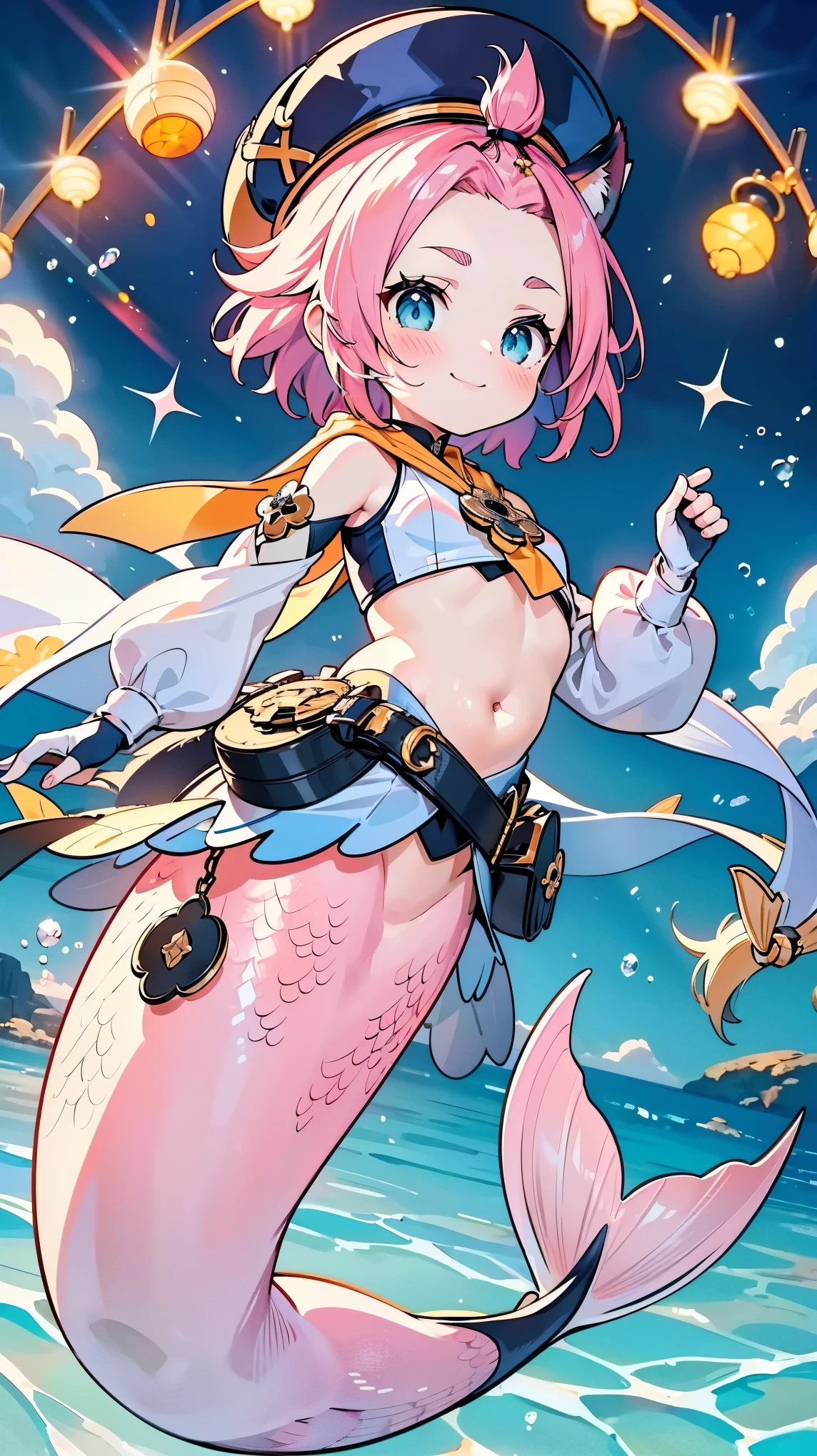 (masterpiece),( Best Quality ),(full five fingers ),1 Girl,Animal ears,Diona(Genshin Impact),Cat ears, pink hair,belly button,Animal ears绒毛,hat, blue eyes ,Gloves,白Gloves,solo,Mermaid,蓝色的Mermaid尾巴, Full Body Photo ,(Underwater:1.2),Smile