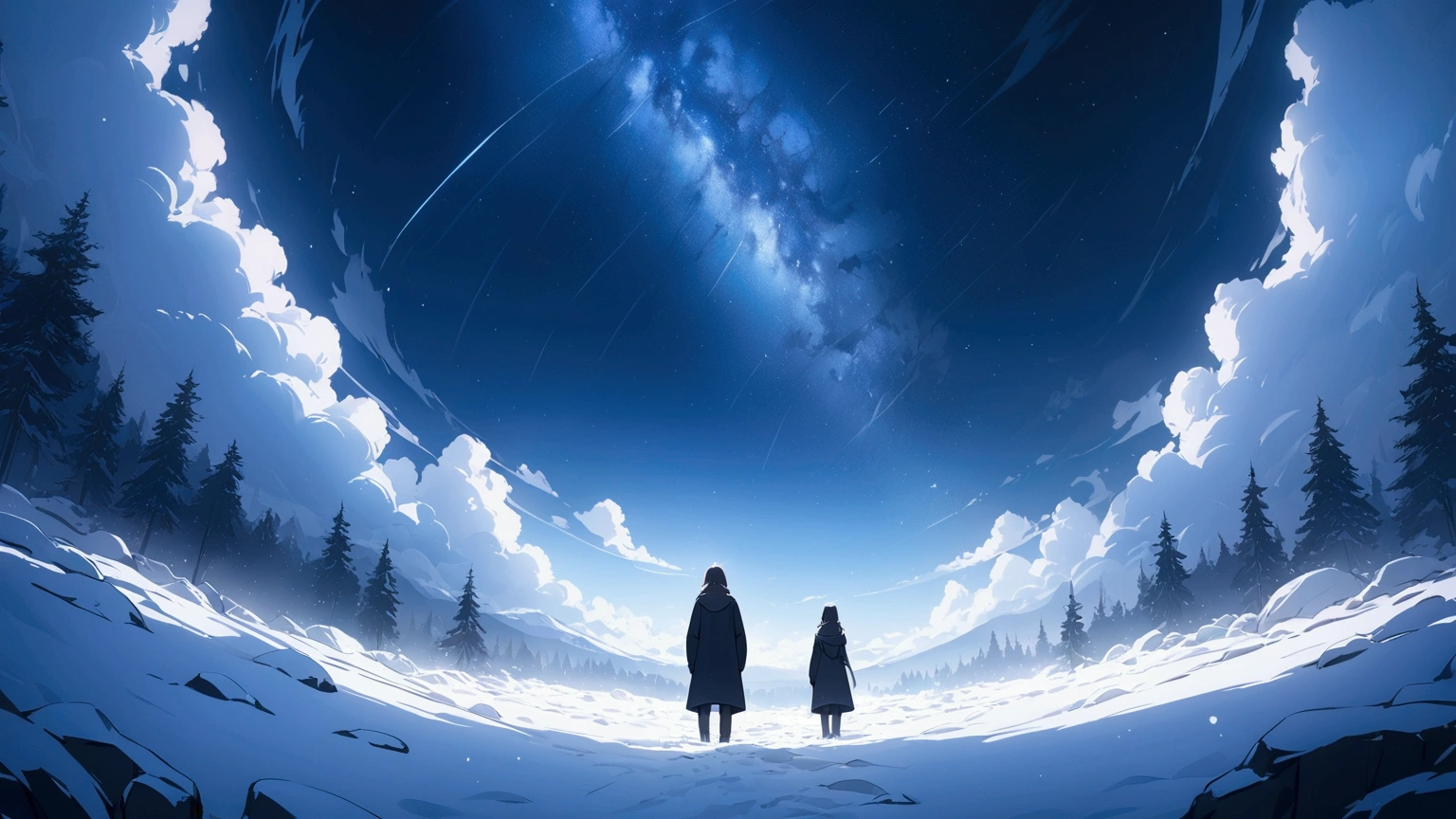 ( best quality)), ((masterpiece)), ( Details), ccurate, atmospheric perspective, wide shot, Chiaroscuro, cinematic lighting, 8k, super detail, best quality, award winning, best quality,  highres icon, 1080P,Winter Night Starry Sky ,  There is still some snow left, Mysterious