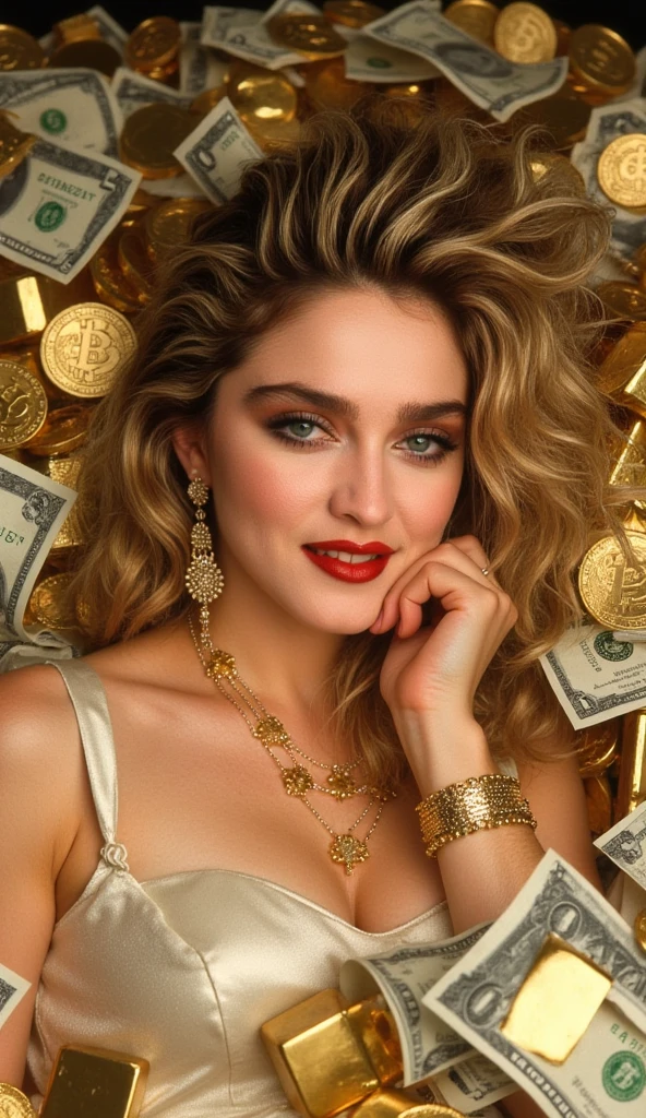 (realistic, photo-realistic:1.4), ((Madonna)) ((Madonna in 1980s style)) Madonna Pop Star (masterpiece, best quality), very modest fully clothed, confident, high resolution, intricate details, extremely detailed, ((long elegant dress)), dress covered all her body, European beauty (cool elegance), ((Young Goddess)), detailed face, expressive eyes, sophisticated features, pale skin, looking gently at the camera, ((warm smile)), (wearing exquisite gold accessories, including a wristwatch, bracelet, ring, necklace, earrings, all designed with intricate patterns), ((surrounded by a cascade of dollar bills, gold bars, and shimmering gold coins)), (Golden World), (soft golden light reflecting around her), she is gracefully reclining amidst the wealth, embodying elegance and sophistication.