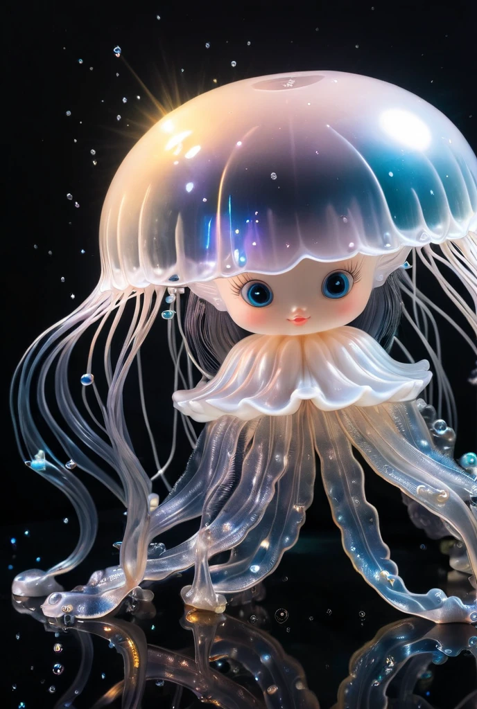 black background
jellyfish
a little water elf sits on a jellyfish
soft light
transparent light
pastel colors
bubbles
detail maximum detail
professional photography
diamond glitter
sunlight
sun rays