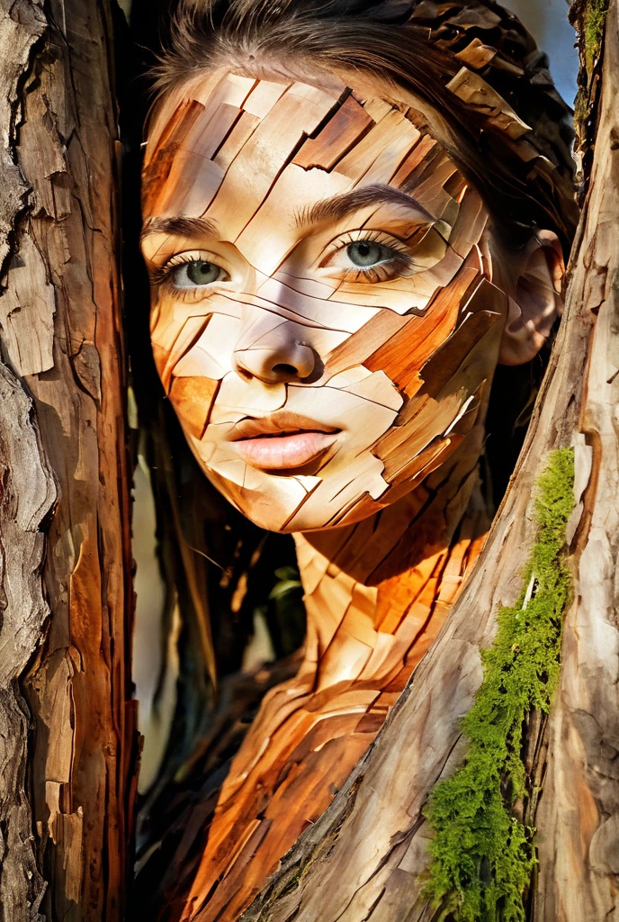 Surrealism | Abstract female face made of tree bark| Merges with the environment | Double exposure effect, detailed composition | Soft, fabulous lighting | Dissolving features; bright colors; textured appearance