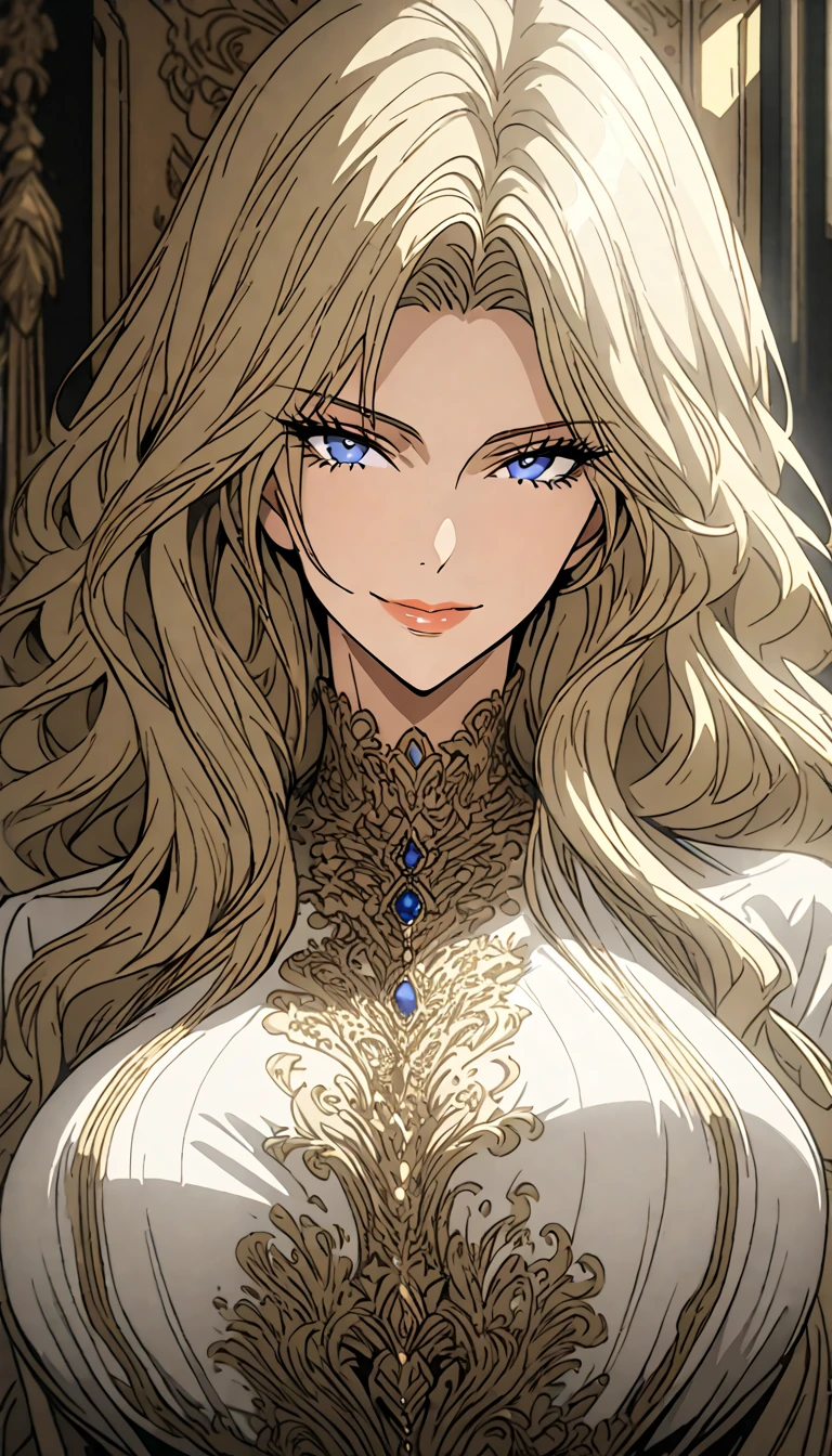 (Best quality, 4k, 8k, high reshevr: 1.2), Masterpiece, very detailed, ultra-detailed, solo, close up, adult woman, super mature, tall, milf style, mature mother, jewelry, extremely attractive, long lustrous wavy blonde hair, blue eyes, huge breasts, warm smile, luxurious, elegant white dress with intricate gold details, ball room, velvet curtain, sit on a throne
