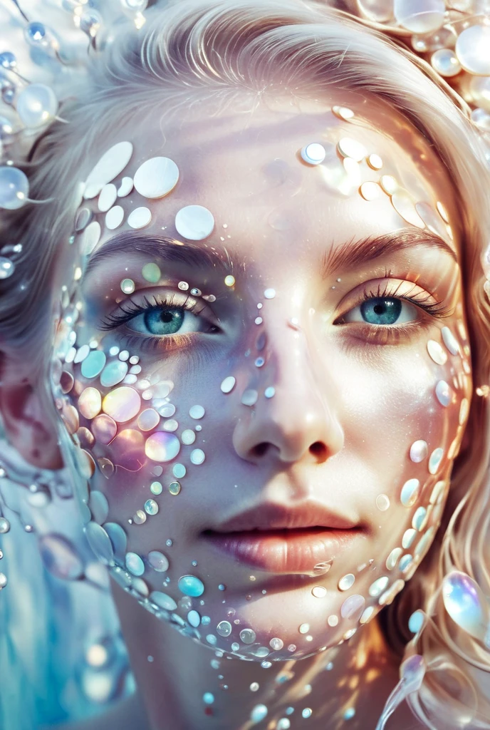 Surrealism | Abstract female face made of mother-of-pearl pearls| Merges with the environment | Double exposure effect, detailed composition | Soft, fabulous lighting | Dissolving features; bright colors; textured appearance