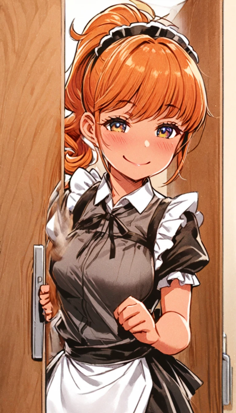 A girl of normal height,  tanned girl dressed like a student,   Using a ponytail ,  smiling,  orange curly hair  , trying to throw himself through the door. maid
girl
fantasy.Style_agate.