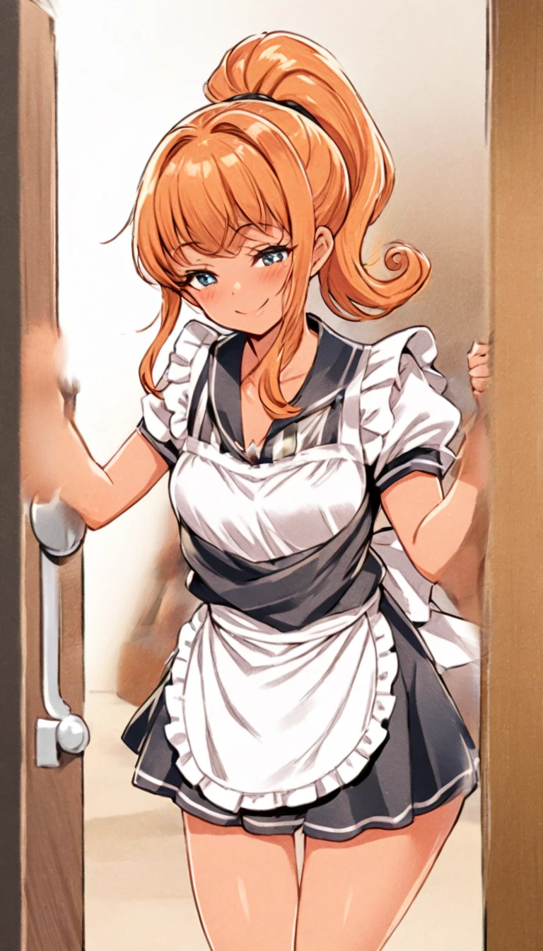 A girl of normal height,  tanned girl dressed like a student,   Using a ponytail ,  smiling,  orange curly hair  , trying to throw himself through the door. maid
girl
fantasy.Style_agate.