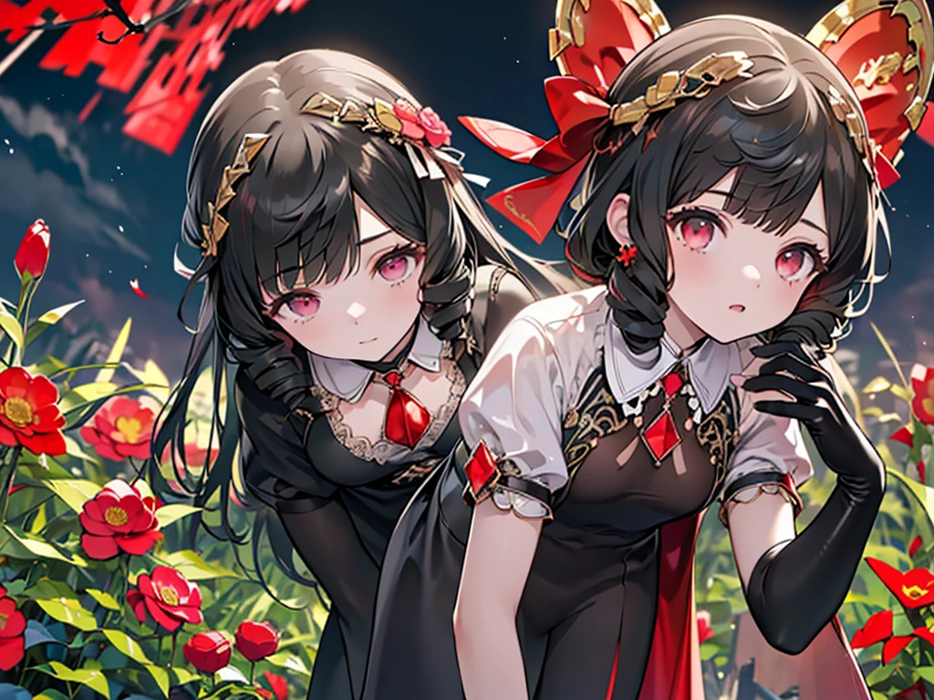 (Alone:2), (Girl, Human Ears:2), (Leaning Forward to Accentuate Upper Body:2), (Looking Down and Looking at Camera:1.5), (Long Black Hair:2), (Gorgeous High Neck Nightgown:2), (Blue Dress), (Collar, Opera Gloves:2), (Surrounded by Lots of Red Flowers:2), (Sunset Sky, Sunset, Dusk, Strong Wind), (((High Resolution, Masterpiece, Accurate, Anatomically Correct, Multiple Awards, Top Quality, Detailed, High Quality, Very Detailed, Ultra High Resolution))).