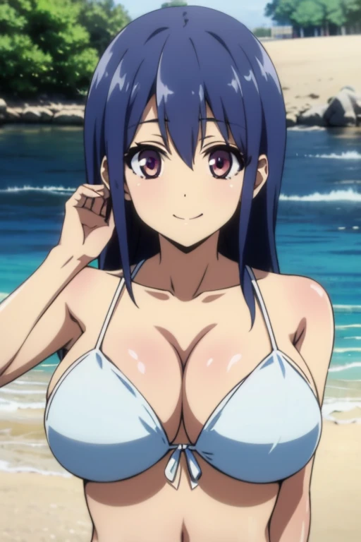 ( 1 boy, Subjective hand,  grabs the chest, Explore), masterpiece,  top quality,  Beach ,  upper body,  1 girl, Big Breasts,  blue hair,  long hair,  white bikini, smile, ,  Embarrassing ,   closed mouth