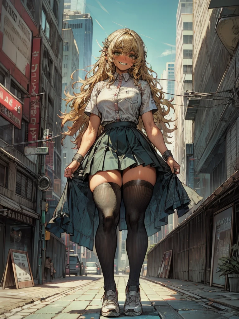 1 , fringe,   black socks, Blush, building, city, cityscape, is,  green eyes,  hair ornament ,  hair clip, home,  long hair,  looking at the viewer ,  outdoor, chess, chess skirt, pleated skirt, power lines, traffic sign, shirt, shoe,  short sleeves , skirt, sky, skyscraper, to smile, tennis, Alone, thighhighs, Traffic sign
masterpiece,  best quality , Digital Art, intricate,  depth of field,  blonde,  tanned skin ,  dark skin, Conserved, tanned skin 
