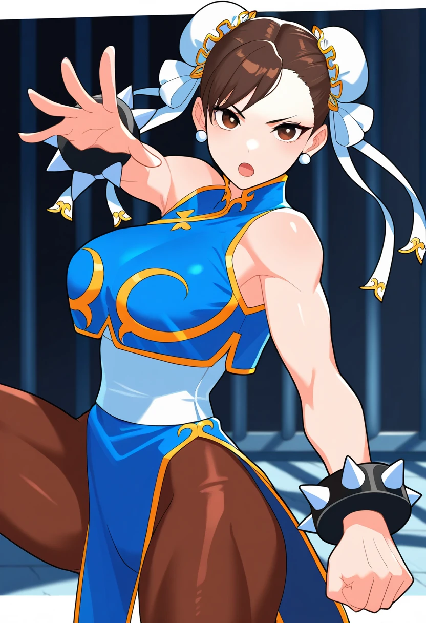 masterpiece, best quality, very aesthetic, 1girl, chun-li, beautiful eyes, brown eyes, double bun, bun cover, qipao, spiked bracelet, breasts, sheer pantyhose, pelvic curtain, Blue leotard , 1 girl, solo, dim lighting, dark background, indoors, prison,  outstretched hand, clenched hand, open mouth, fighting stance, serious