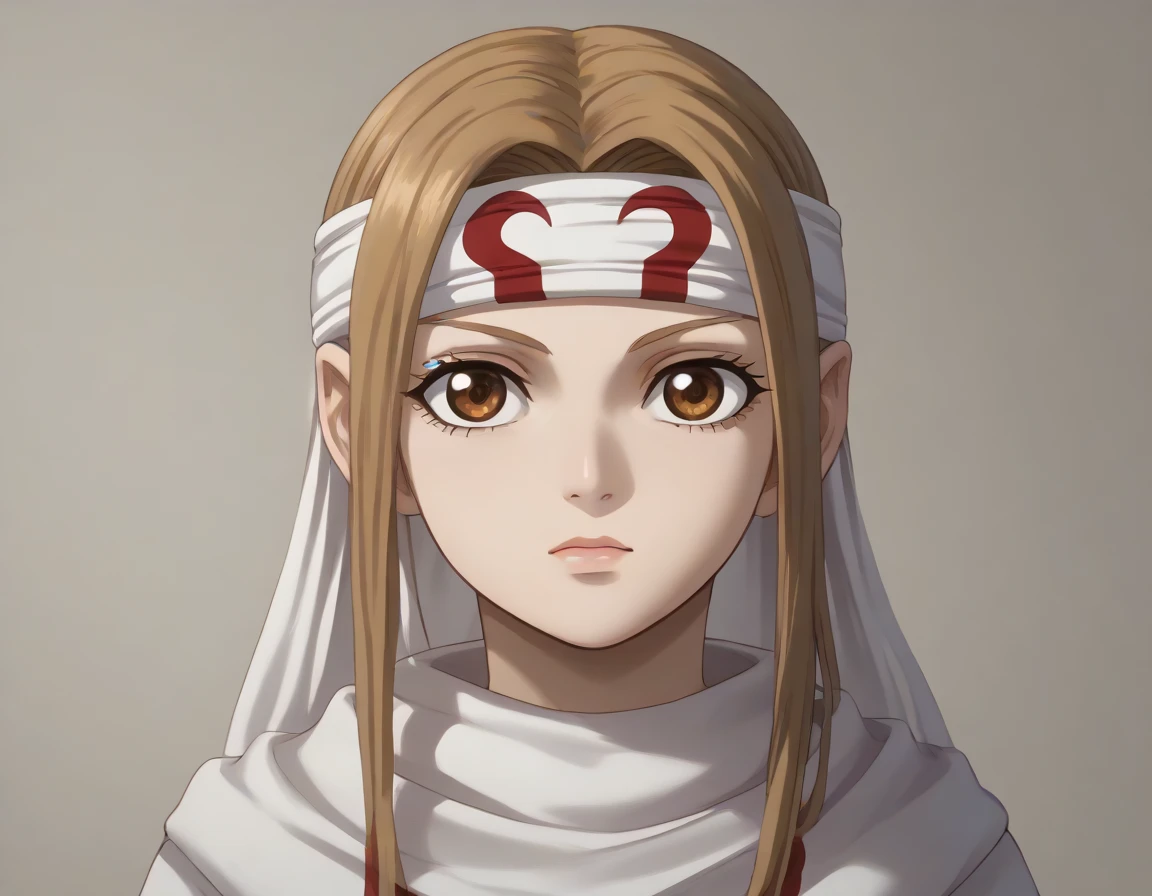 half portrait masterpiece, super detail, high details, high quality, best quality, highres, 1080P, 8k, 16k  brown eyes very accurate clothing sharp gaze score_9, score_8_up, score_7_up, ((cowl)) ((headband on forehead)) detailed clothing beautiful girl kyoukai  asuna yuuki