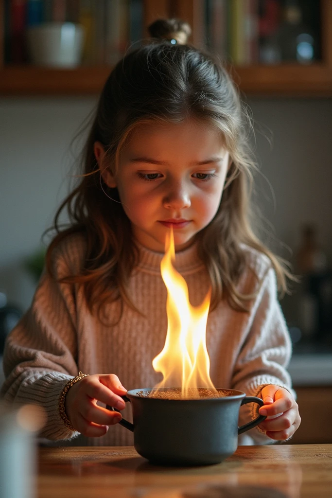 blonde child girl fireball in hands.
