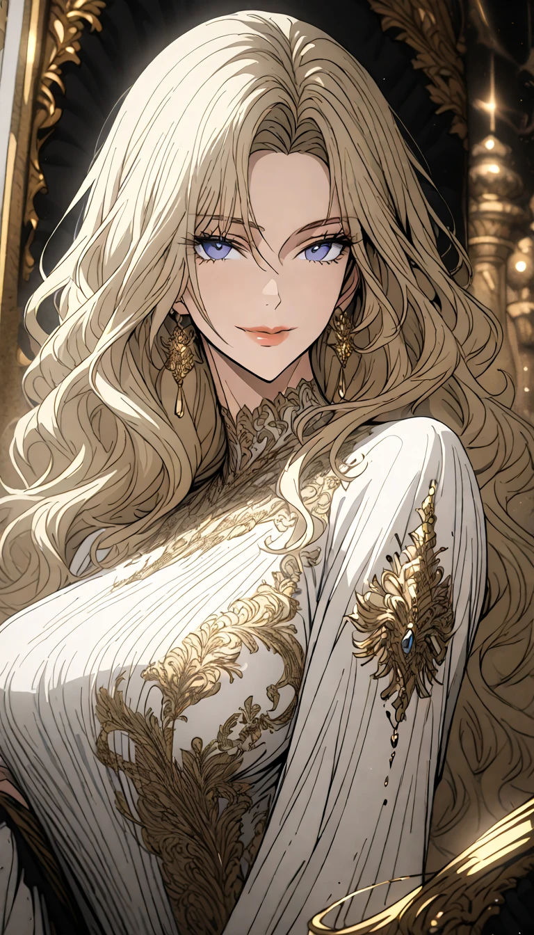 (Best quality, 4k, 8k, high reshevr: 1.2), Masterpiece, very detailed, ultra-detailed, solo, close up, adult woman, super mature, tall, milf style, mature mother, jewelry, extremely attractive, long lustrous wavy blonde hair, blue eyes, huge breasts, warm smile, luxurious, elegant white dress with intricate gold details, ball room, velvet curtain, sit on a throne
