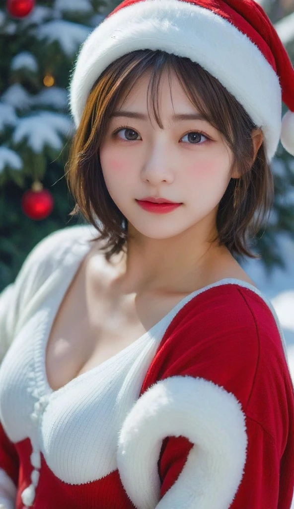 (Christmas Theme), Winter, Snow, Santa woman，conservative attire，with a Santa hat，blue crane，Wearing a red and white Santa  dress，Upper body close-up，Close-up photos，jewelry，Visions of heaven and earth，Magic crystal ball，The background is the Milky Way，solar system, Lighitnig, smile, (Large breasts), 口を少し開ける, キラキラエフェクト, レンズフレア, クリスマスツリー