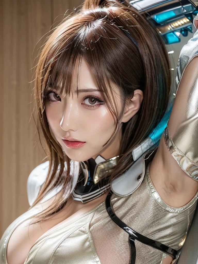 a close up of a woman in a white and red costume, glossy white armor, beutiful white girl cyborg, intricate white and gold armor, porcelain cyborg armor, in white futuristic armor, heavy white and golden armor, gynoid cyborg body, sci - fi suit, cinematic goddess body shot, stunning armor, gold sci - fi armour, sci fi futuristic costume 真っ赤な口紅、 moonlight fantastic background、Brown eyes,Realistic｛ beautifulskin and realistic armpits｝{Sweaty body}、{Glossy with sweat々skin}short hair、Big Breasts、big ass, Great style、younger sister、｛Wet body｝（（Sweaty body））。 Model-like beauty（（Upper body zoom））、beautiful, Big Breastsな垂れた胸, Trump in the cleavage, ,、（（Lift your arms and lick your armpits:1.3）、Heavy makeup、Long eyelashes、eyeliner、Model-like face、Brown long hair、Put your hands on your head、realistic texture skin、Plump figure、2、（（Sweaty:1.3））,、,Sexy Face、、Prostitute Super Real Capture, Very detailed, High resolution 16K human skin closeup. skin texture must be natural, So detailed you can even see pores. skin should look healthy, In a unified tone. Use natural lighting and colors、Extremely realistic sweat｛City of night｝｛Blue Makeup:1.5｝The neck gets sexy