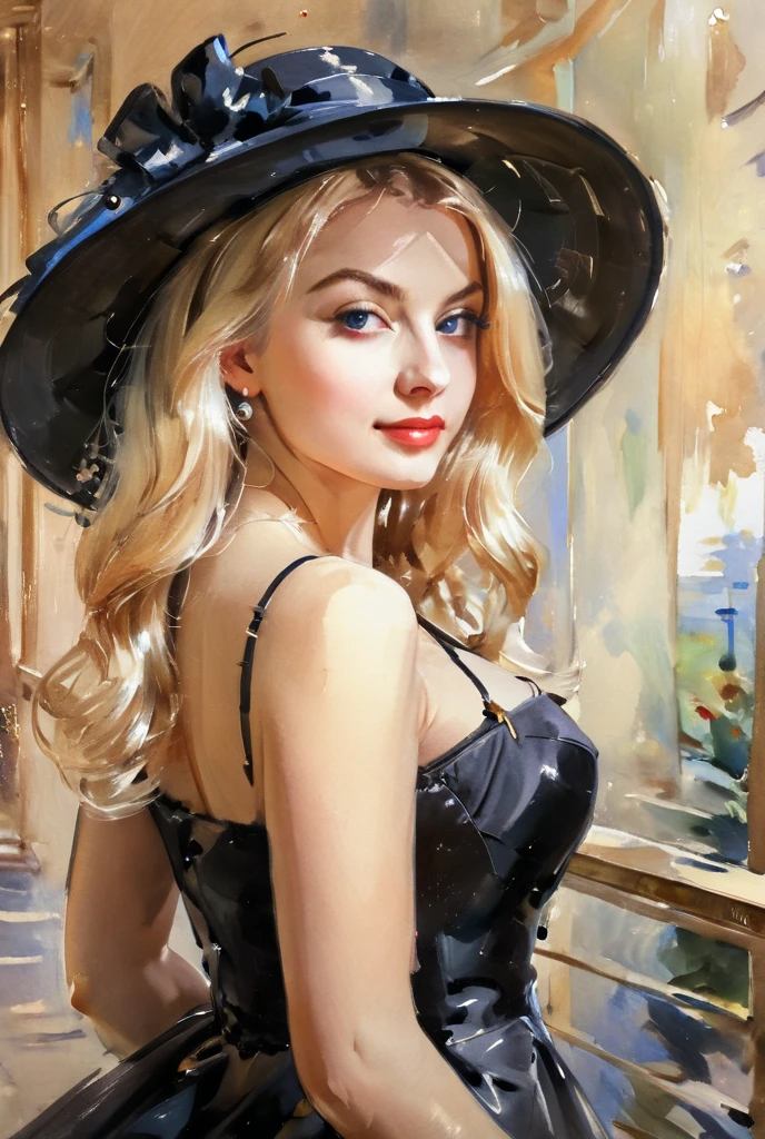 high society lady, black silk dress, lush blonde hair, hat, mikhail garmash style, Konstantin Makovsky, Konstantin Razumov, Watercolor, trending on artstation, sharp focus, studio photo, intricate details, highly detailed, by greg rutkowski