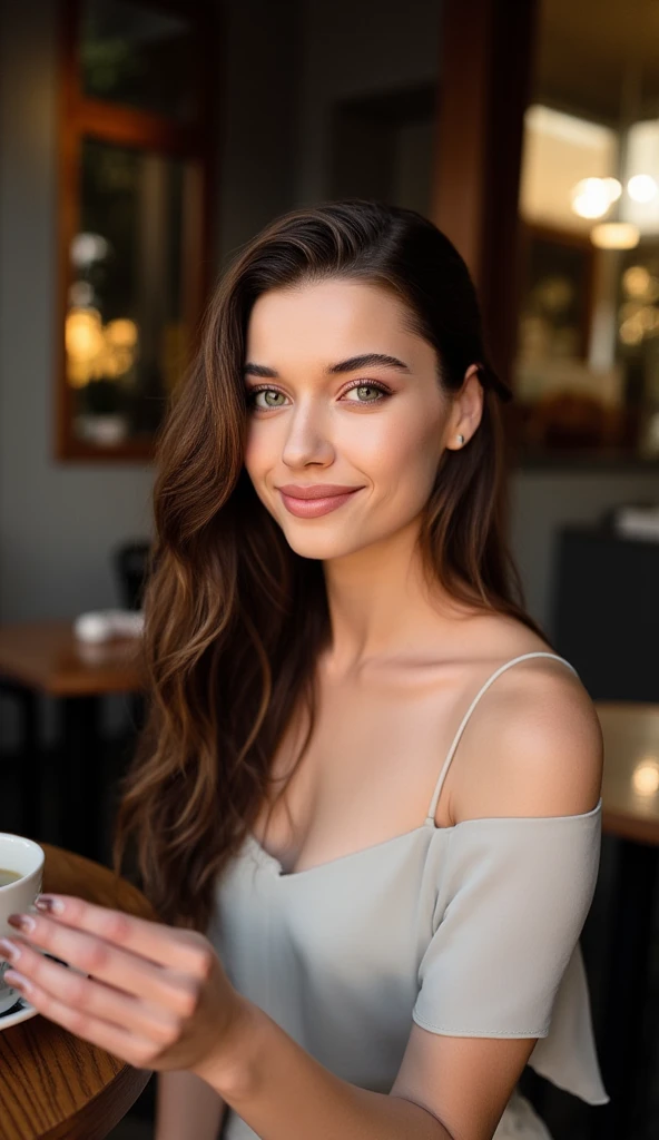 beautiful detailed photograph, hair cascading over her shoulders, makeup, wearing a boatneck dress, standing in a cafe, looking at the viewer, smile