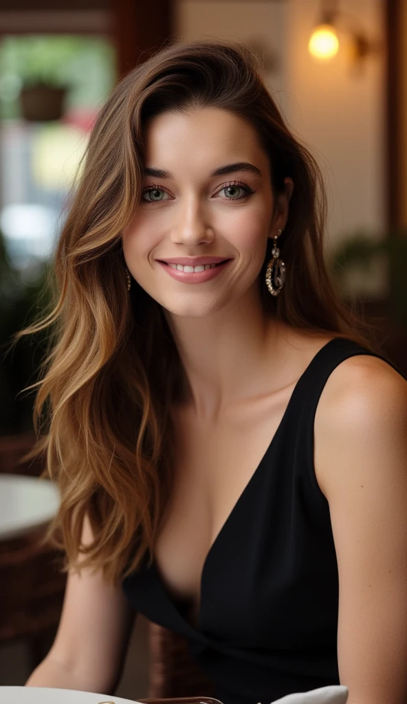 beautiful detailed photograph, hair cascading over her shoulders, makeup, wearing a boatneck dress, standing in a cafe, looking at the viewer, smile